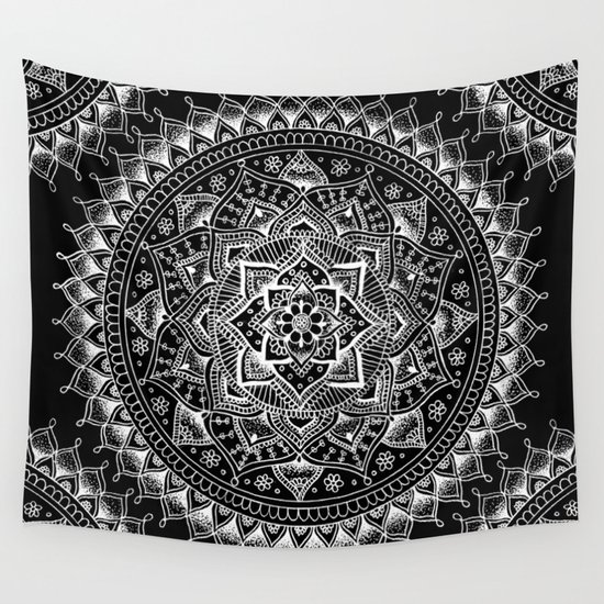 White Flower Mandala on Black Wall Tapestry