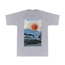 Splendor of the Sun magical realism smiling sun European cityscape France landscape painting for curtains, comforters, shower curtains wall decor T Shirt | Surreal, Tuscany, Budapest, Barcelona, Paris, Sunset, Painting, Cityscape, Pillows, Smile 