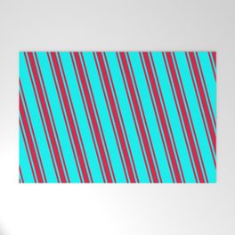 [ Thumbnail: Cyan & Crimson Colored Stripes Pattern Welcome Mat ]