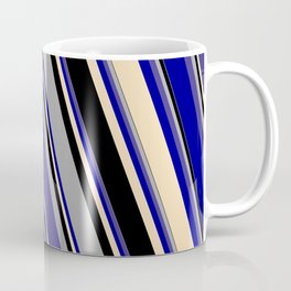 [ Thumbnail: Dark Gray, Dark Slate Blue, Dark Blue, Tan, and Black Colored Striped Pattern Coffee Mug ]