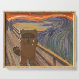 Raccoon in The Scream Art Painting Parody by Edvard Munch Serving Tray