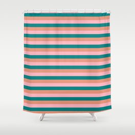[ Thumbnail: Light Pink, Teal & Dark Salmon Colored Lines/Stripes Pattern Shower Curtain ]