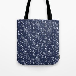 Navy Blue and White Christmas Snowman Doodle Pattern Tote Bag