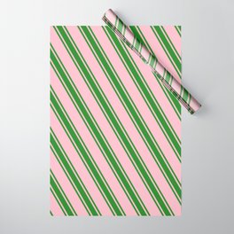 [ Thumbnail: Pink and Forest Green Colored Pattern of Stripes Wrapping Paper ]