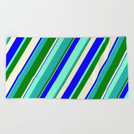 [ Thumbnail: Vibrant Aquamarine, Light Sea Green, Green, Beige, and Blue Colored Lines Pattern Beach Towel ]