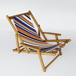 [ Thumbnail: Eyecatching Tan, Black, Mint Cream, Midnight Blue & Chocolate Colored Striped Pattern Sling Chair ]