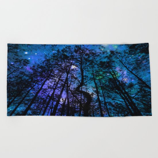 Black Trees Teal Purple Space Beach Towel
