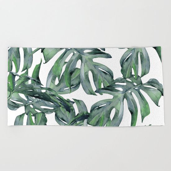 Tropical Palm Leaves Green and White Beach Towel