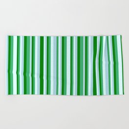 [ Thumbnail: Light Cyan, Light Blue, Green, and Sea Green Colored Pattern of Stripes Beach Towel ]