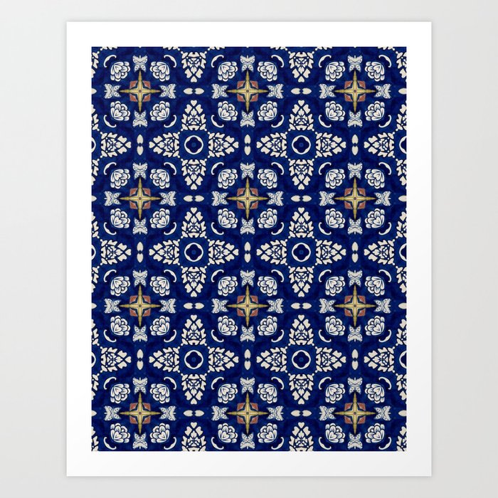 Classic Blue Moroccan Blue White Pattern I Art Print