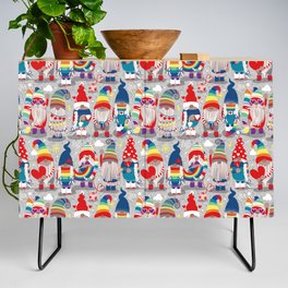 I gnome you // grey background little happy and lovely gnomes with rainbows vivid red hearts Credenza