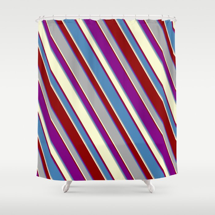 Colorful Purple, Blue, Dark Grey, Light Yellow, and Dark Red Colored Striped/Lined Pattern Shower Curtain