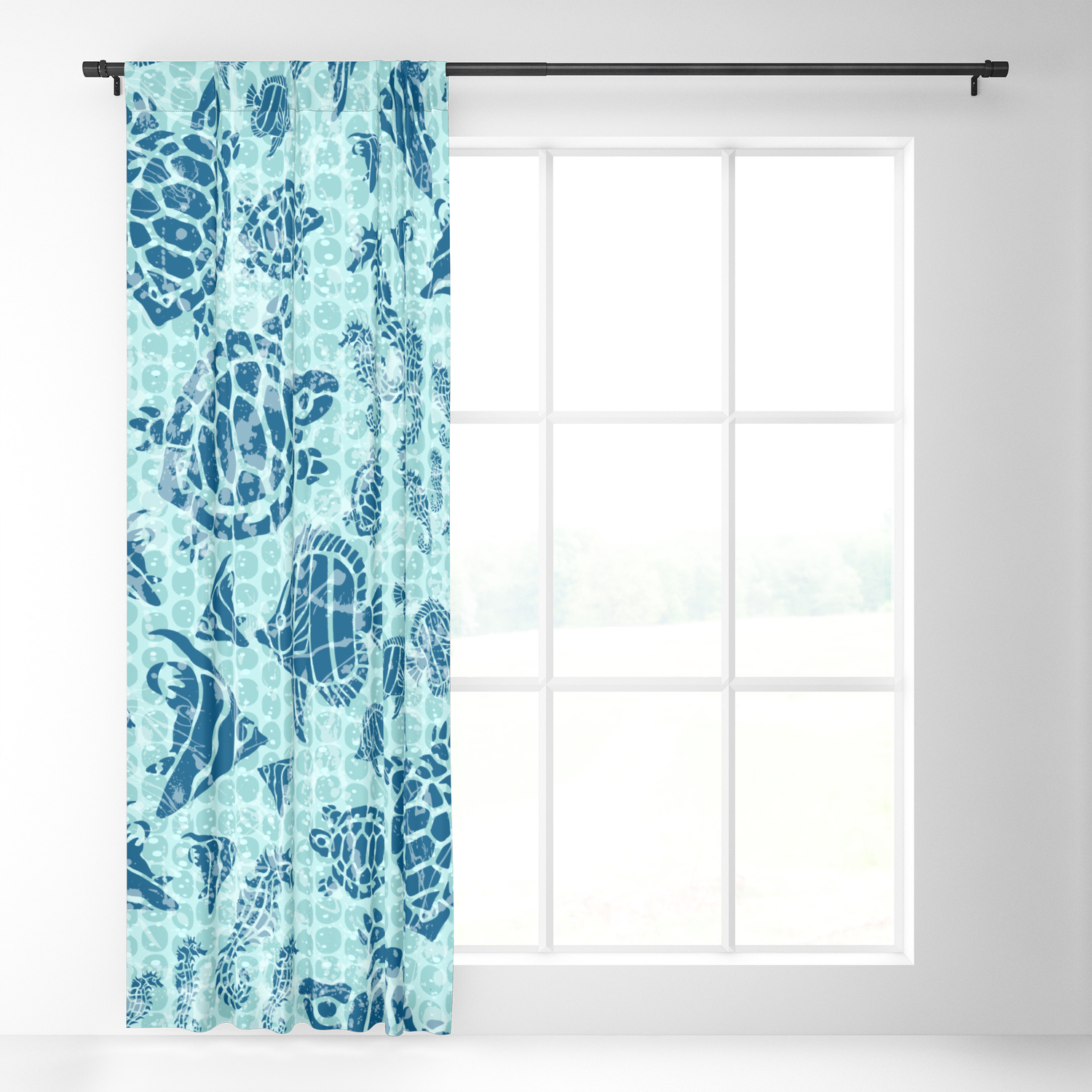 Sea Life Print With Fish Turtles And Seahorses In Ocean Blue Teal Blackout Curtain By 19monkeys Society6