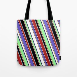 [ Thumbnail: Vibrant Green, Red, White, Black & Slate Blue Colored Lined Pattern Tote Bag ]