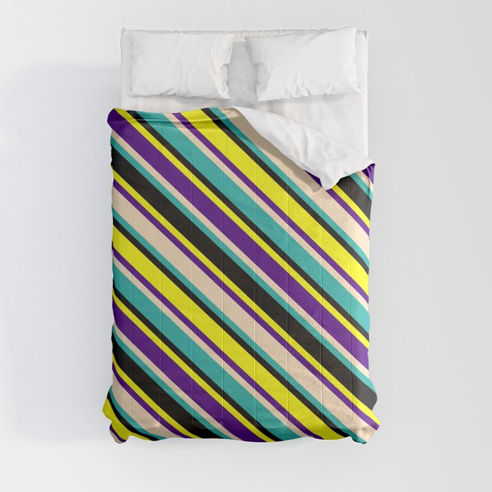 Eyecatching Yellow, Indigo, Bisque, Light Sea Green, and Black Colored Lined Pattern Comforter
