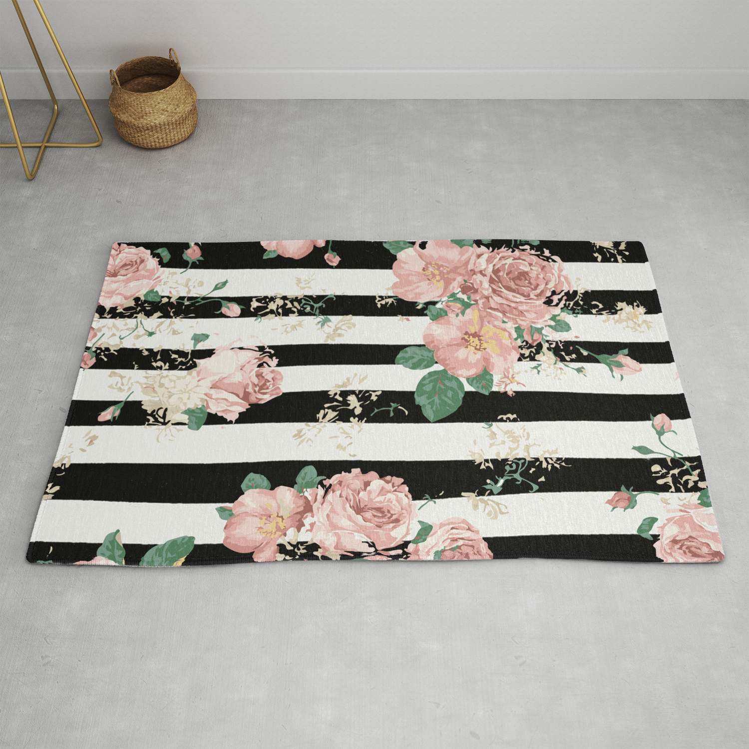 Vintage Floral Roses Black And White Stripes Rug By Marilenaxiari Society6