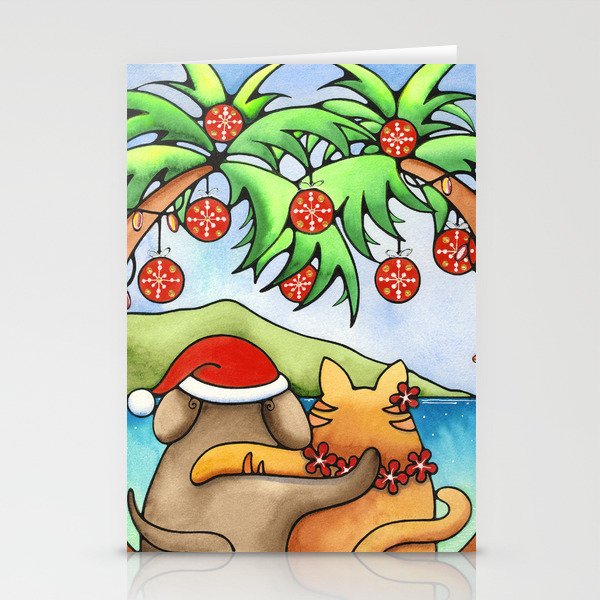 Hawaiian ChristmaS Card Dog and Cat Beach Stationery Cards
