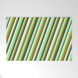 [ Thumbnail: Green, Dark Goldenrod, Dark Slate Gray & Mint Cream Colored Lines/Stripes Pattern Welcome Mat ]