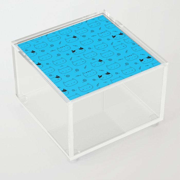 Turquoise and Black Doodle Kitten Faces Pattern Acrylic Box