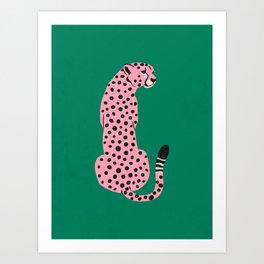 The Stare: Pink Cheetah Edition Art Print | Forest, Art, Retro, Pop, Cats, Graphicdesign, Green, Wild, Fierce, Animal 