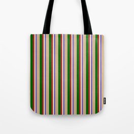 [ Thumbnail: Colorful Slate Blue, Beige, Brown, Dark Green, and Tan Colored Lines Pattern Tote Bag ]