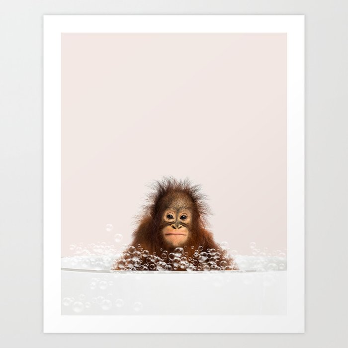 Monkey in a Bathtub, Baby Orangutan Taking a Bath, Bathtub Animal Art Print By Synplus Art Print