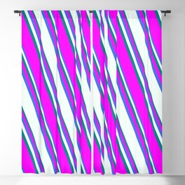 [ Thumbnail: Royal Blue, Mint Cream, Teal, and Fuchsia Colored Lined Pattern Blackout Curtain ]