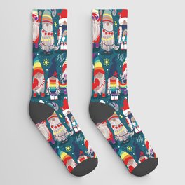 I gnome you // dark teal background little happy and lovely gnomes with rainbows vivid red hearts Socks