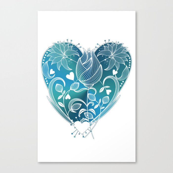 White Inked Floral Heart - Blues Canvas Print