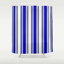 [ Thumbnail: Beige, Dark Grey, Blue, and Slate Gray Colored Pattern of Stripes Shower Curtain ]