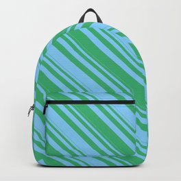 [ Thumbnail: Light Sky Blue & Sea Green Colored Striped/Lined Pattern Backpack ]