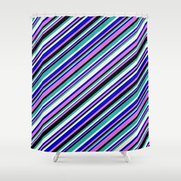 [ Thumbnail: Blue, Orchid, Black, Light Sea Green & Beige Colored Pattern of Stripes Shower Curtain ]