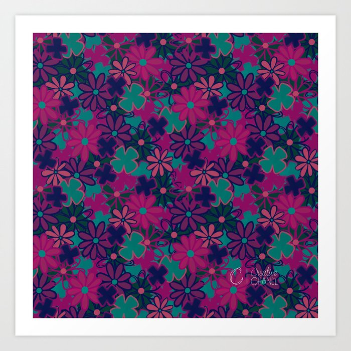 Daisy Patch with Teal, Pink and Navy Art Print