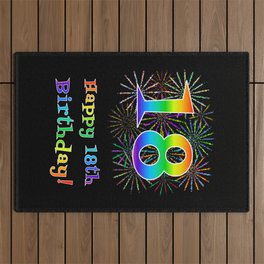 [ Thumbnail: 18th Birthday - Fun Rainbow Spectrum Gradient Pattern Text, Bursting Fireworks Inspired Background Outdoor Rug ]