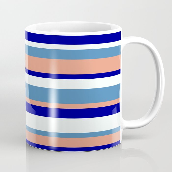 Blue, Dark Salmon, Dark Blue & Mint Cream Colored Stripes Pattern Coffee Mug