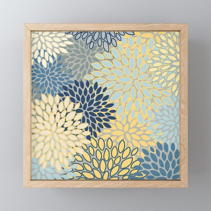 Floral Print, Yellow, Gray, Blue, Teal Framed Mini Art Print