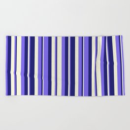 [ Thumbnail: Beige, Medium Slate Blue & Midnight Blue Colored Lined Pattern Beach Towel ]