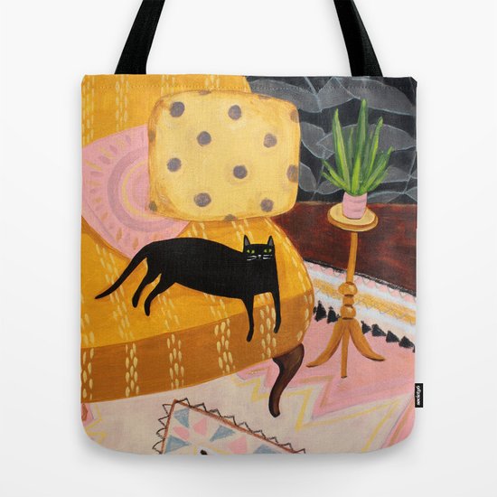 Black Cat On Mustard Yellow Sofa Painting By Tascha Tote Bag By