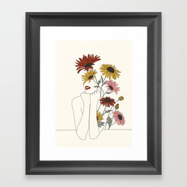 Colorful Thoughts Minimal Line Girl with Sunflowers Framed Art Print