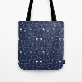 Navy Blue and White Doodle Kitten Faces Pattern Tote Bag