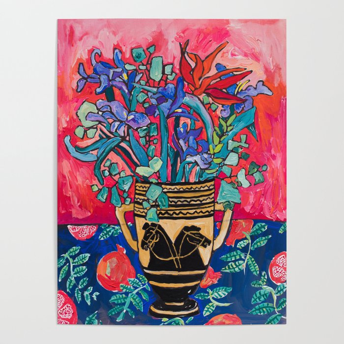 Persephone Painting - Bouquet of Iris and Strelitzia Flowers in Greek Horse Vase Against Coral Pink Poster