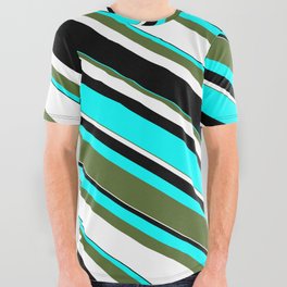 [ Thumbnail: Cyan, Dark Olive Green, White, and Black Colored Lined/Striped Pattern All Over Graphic Tee ]