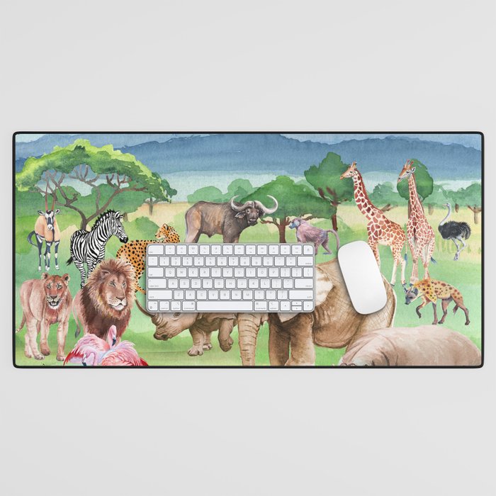 Wild animals of Africa on the background of the savannah landscape watercolor wallpaper illustration hand drawing. Safari animals elephant, hippo, buffalo, rhino, giraffe, zebra, flamingo, baboon, roe Desk Mat