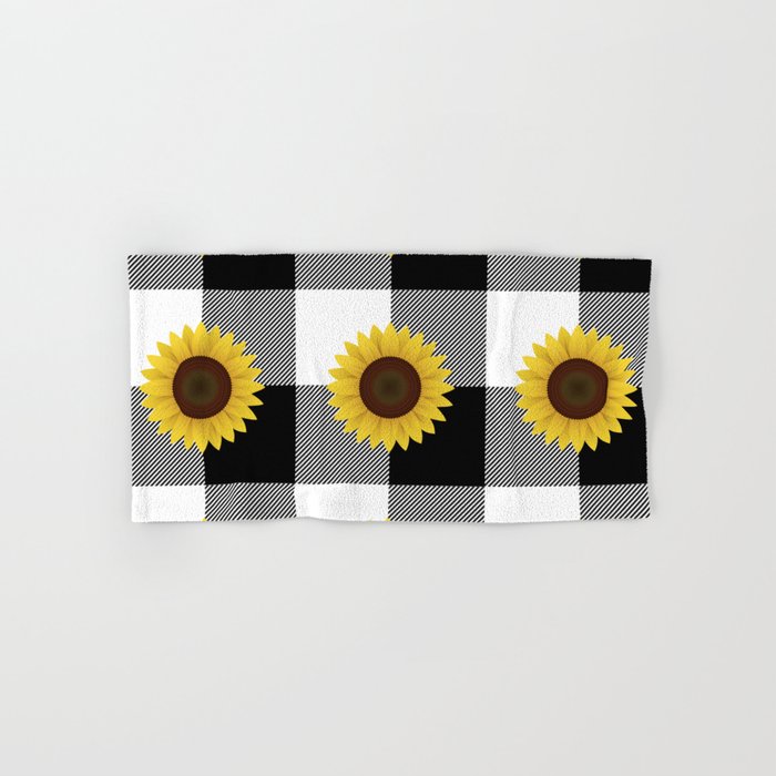 Sunflower And Black Buffalo Plaid Pattern,Black And White Buffalo Check,Checkered,Gingham,Farmhouse,Country.Flannel,Rustic,Summer, Hand & Bath Towel