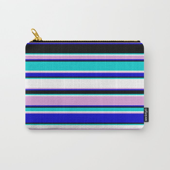 Eye-catching Dark Turquoise, White, Plum, Blue & Black Colored Lined/Striped Pattern Carry-All Pouch