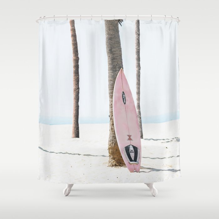 Pastel Pink Surfboard at Beach Shower Curtain