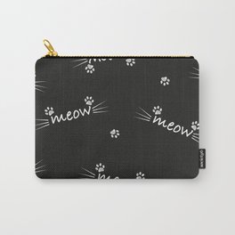 Meow text with doodle cat paw prints black background Carry-All Pouch