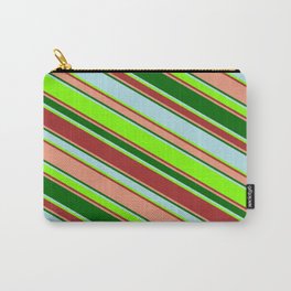 [ Thumbnail: Vibrant Powder Blue, Chartreuse, Brown, Dark Salmon & Dark Green Colored Lined/Striped Pattern Carry-All Pouch ]