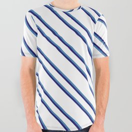 [ Thumbnail: White, Blue & Midnight Blue Colored Striped Pattern All Over Graphic Tee ]