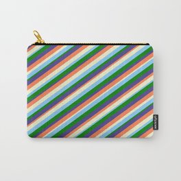 [ Thumbnail: Coral, Light Yellow, Light Sky Blue, Green & Dark Slate Blue Colored Lined/Striped Pattern Carry-All Pouch ]